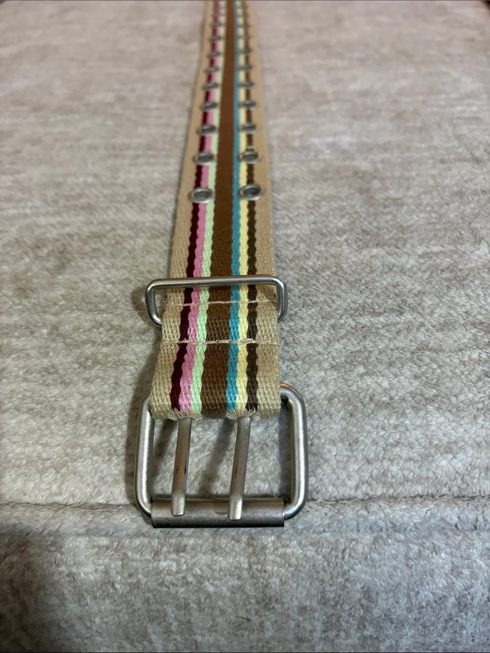 Striped Canvas Men's/ Women’s Belt - Beige with Pink, Brown & Blue Accents Hippi